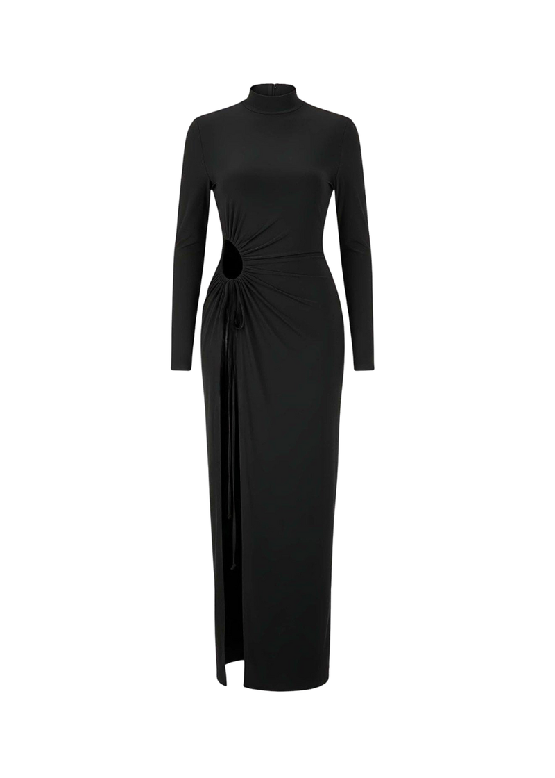Black Ruched Cut-Out High Neck Thigh Slit Maxi Dress