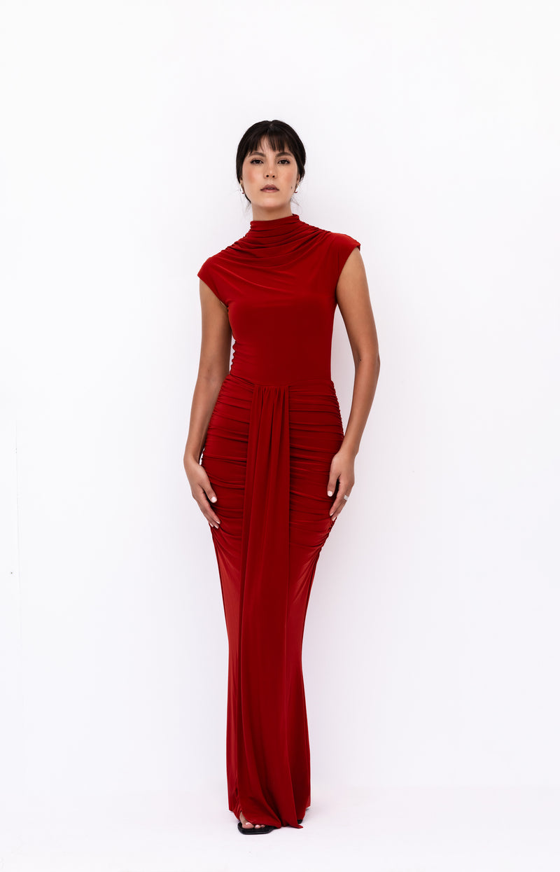 Rust Cap Sleeve Jersey Ruched Waist Maxi Style Evening Gown