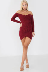 Sensual Glamour: Bardot Neck Ruched Slinky Bodycon Mini Dress