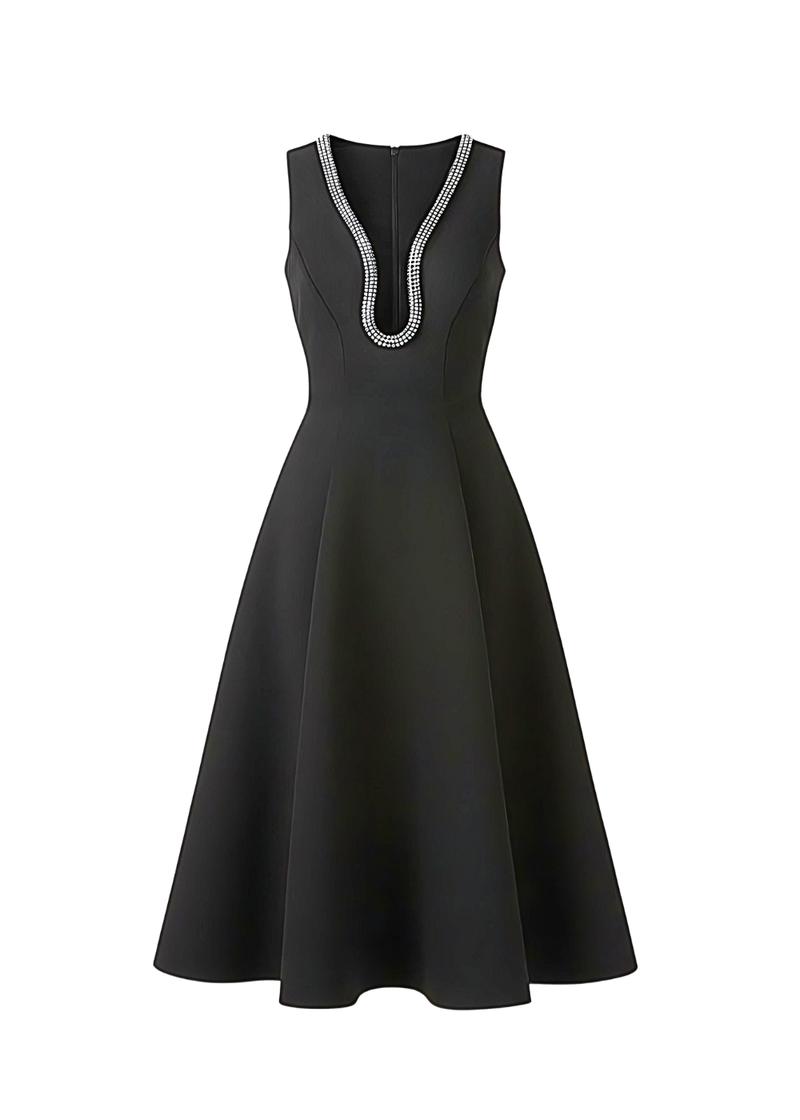 Black Embellished Deep V Flare Dress – Luxe Midi Edition