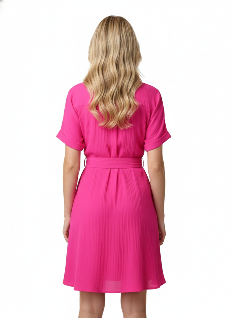 Fuchsia Pink Stylish Circle Buckle Waist Belt Collared A-Line Dress