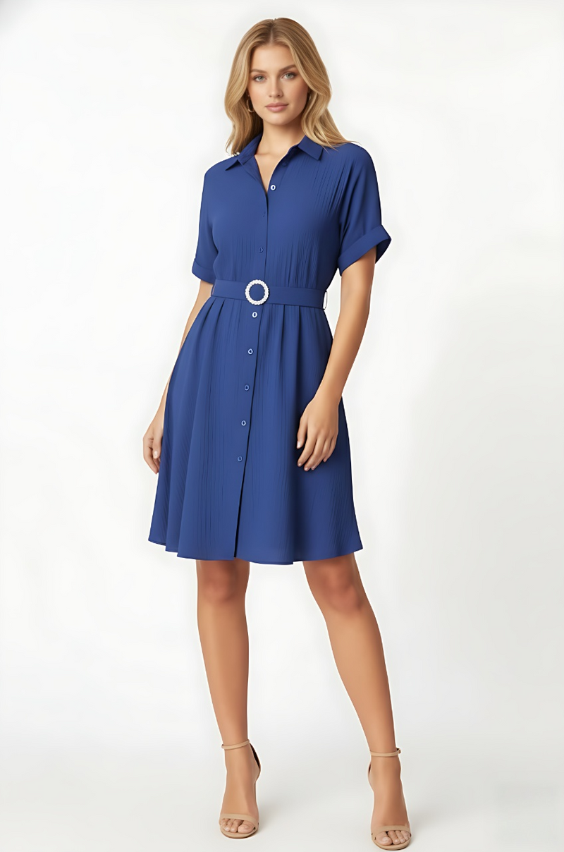 Royal Blue Stylish Circle Buckle Waist Belt Collared A-Line Dress