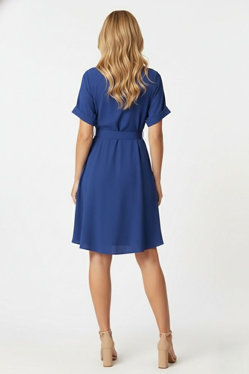 Royal Blue Stylish Circle Buckle Waist Belt Collared A-Line Dress