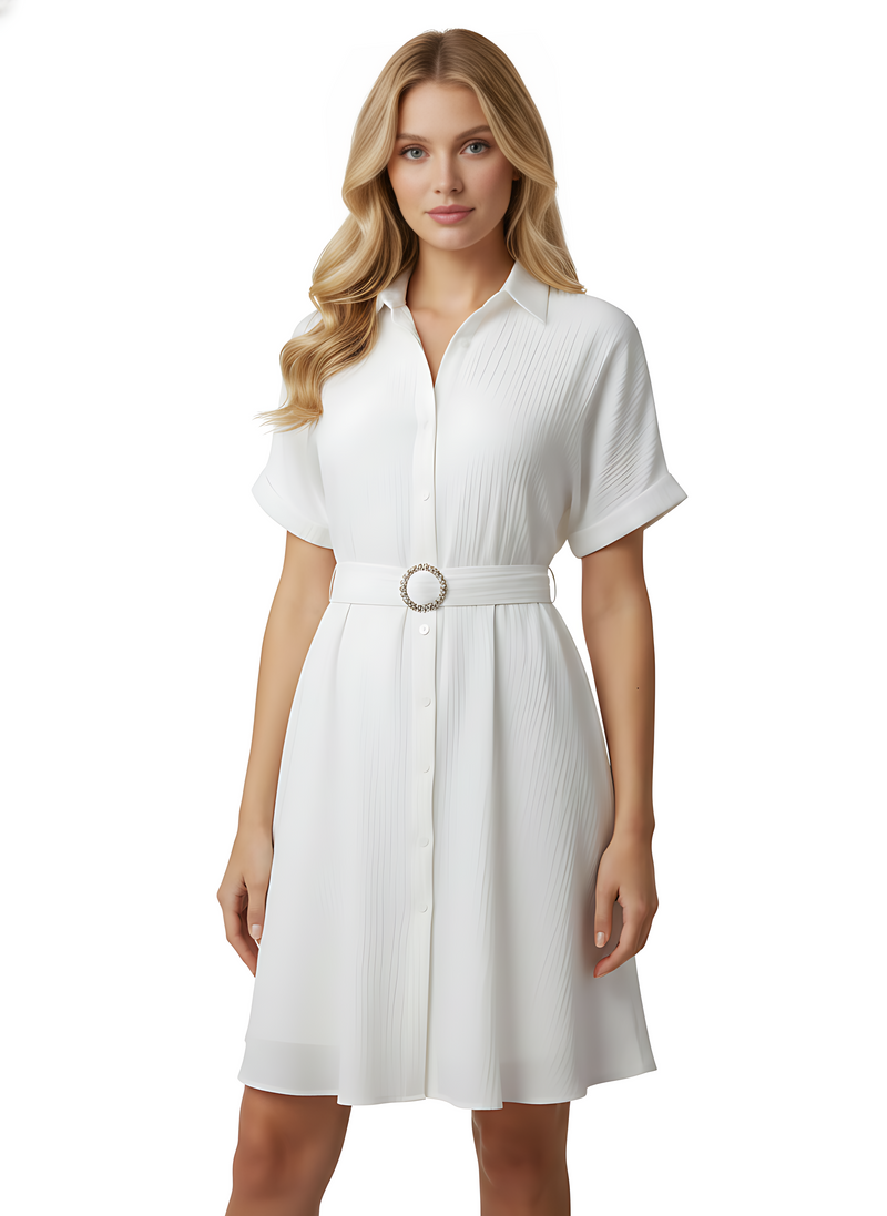 White Stylish Circle Buckle Waist Belt Collared A-Line Dress