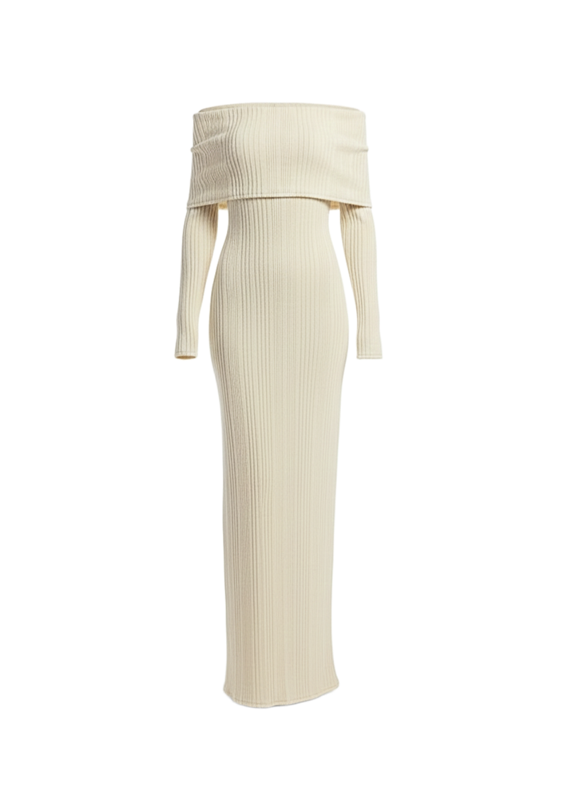 Cream Folded Bardot Neckline Ribbed Knit Off Shoulder Dress