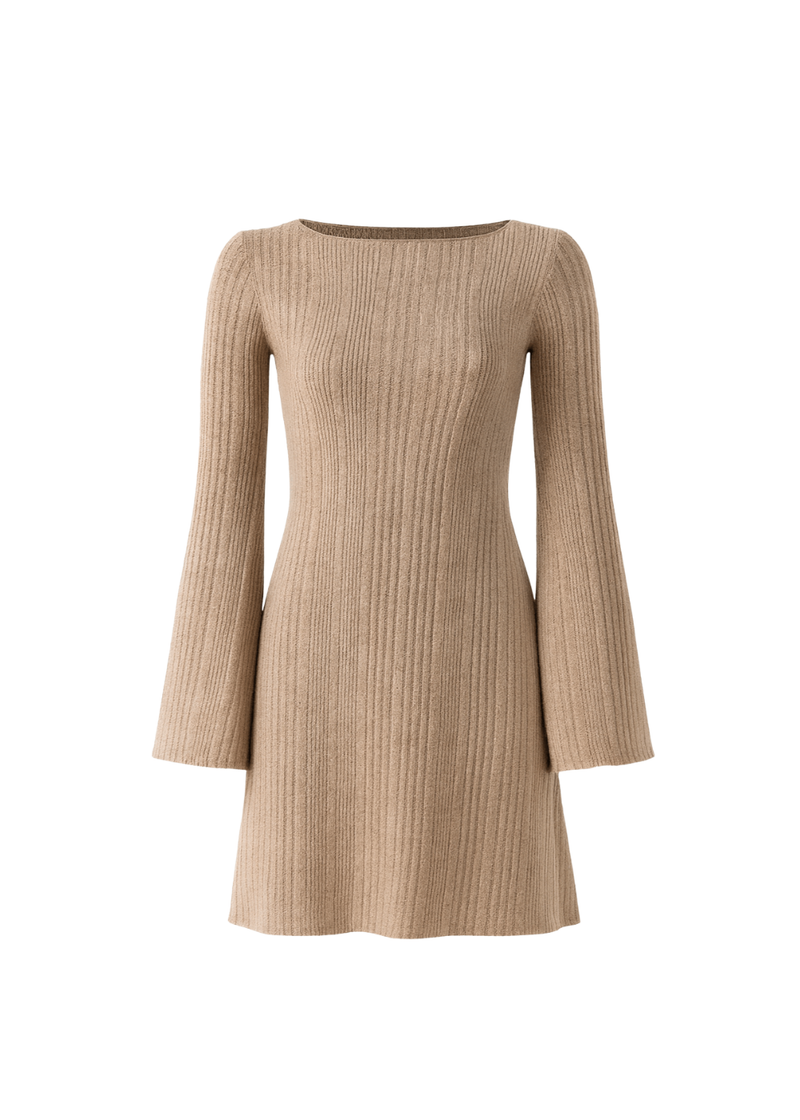 Beige Boat Neck Casual Ribbed Knit Bodycon Mini Dress