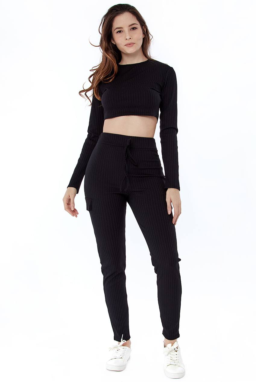 Sleeve Crop Top and Ribbed Pocket Detail Loungewear Set