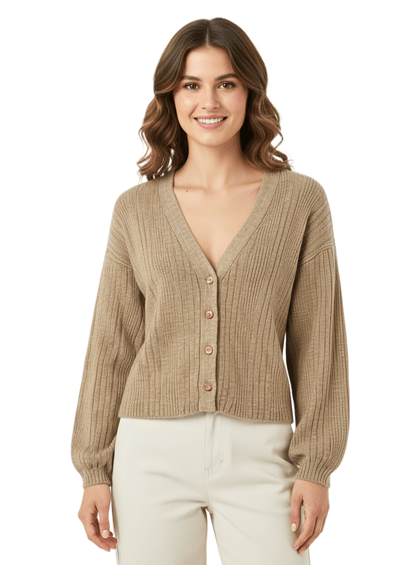 Beige Lightweight Classic Front Button Ribbed V-Neck Top