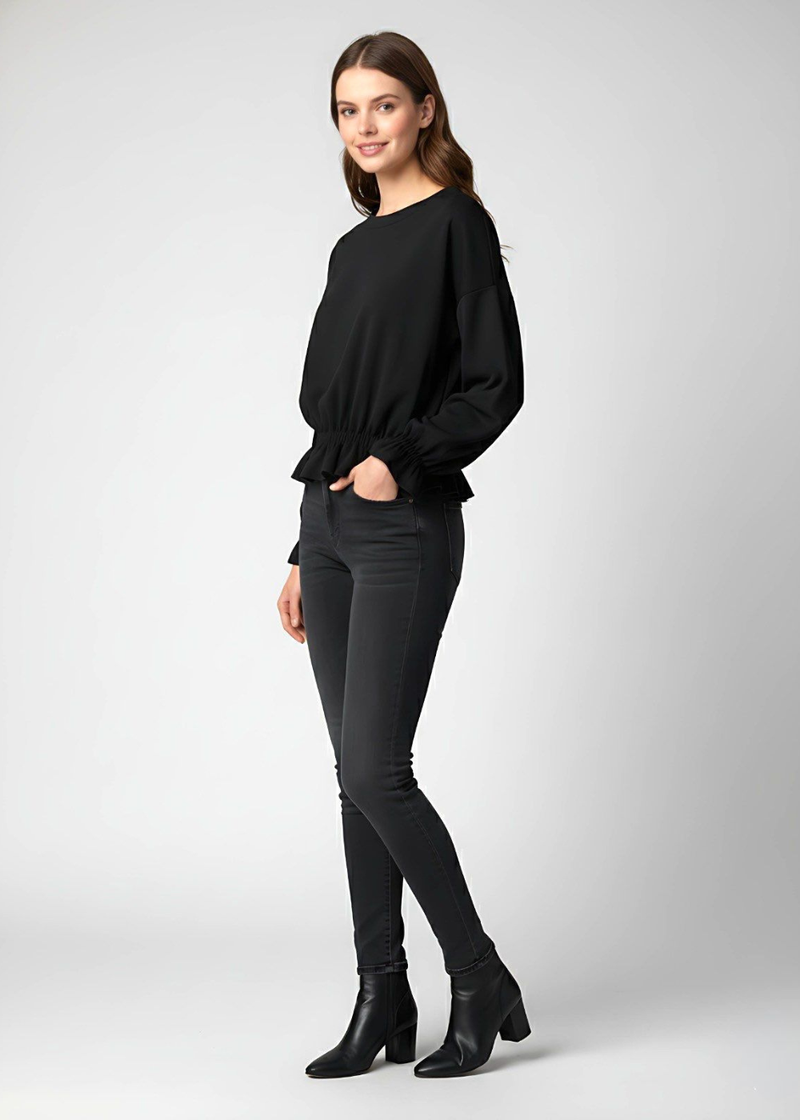 Black Elastic Wrist and Waist Flared Detail Peplum Top