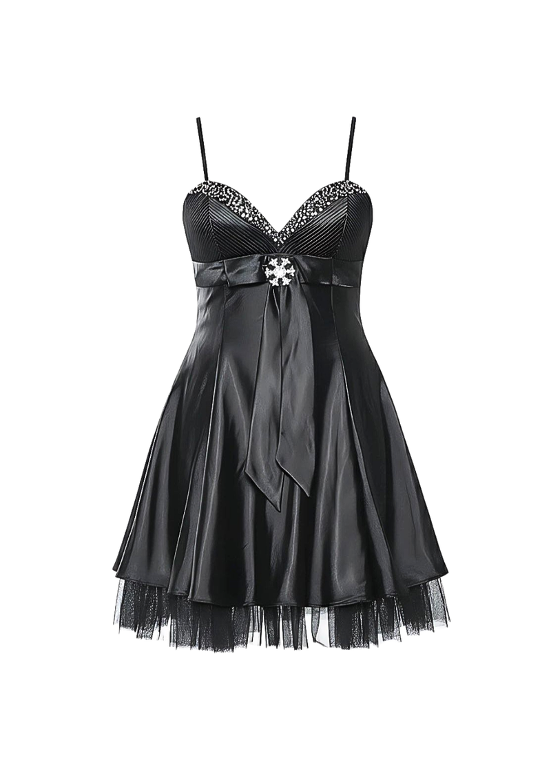Black Satin Snowflake Embellished Babydoll Mini Dress
