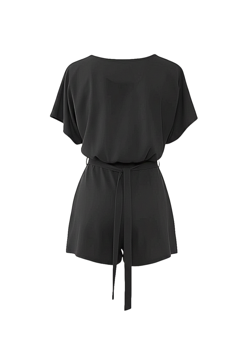Black Short Sleeve Tie Waist Playsuit with Belted Detail