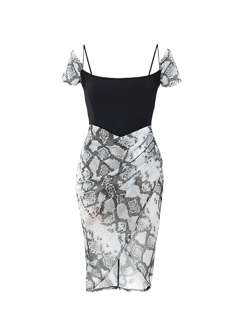 Black Snake Print Off Shoulder Bardot Bodycon Dress