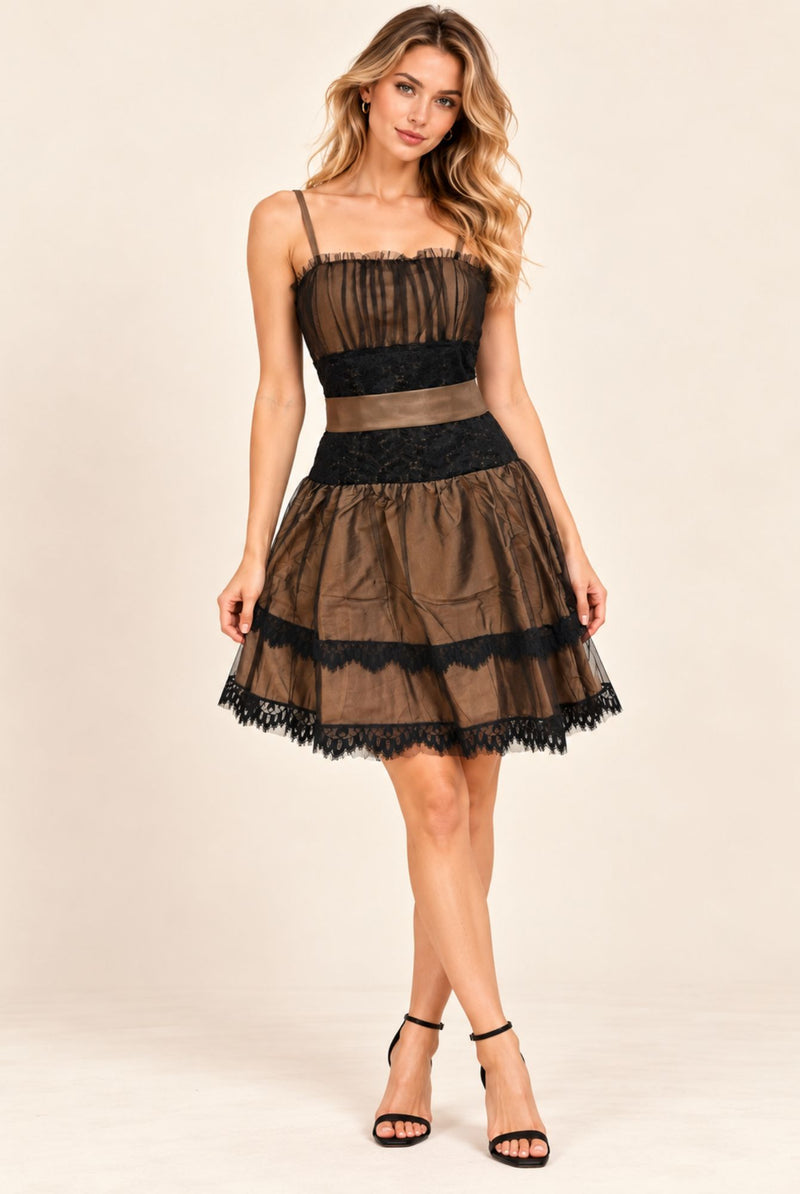 Brown Lace Trim Mini Dress with Sheer Overlay & Tie Waist