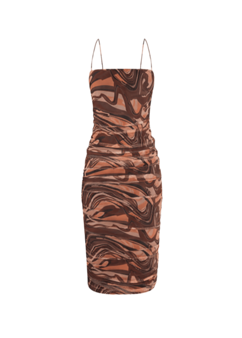 Brown Marble Mesh Bodycon Side Drawstring Detail Midi Dress