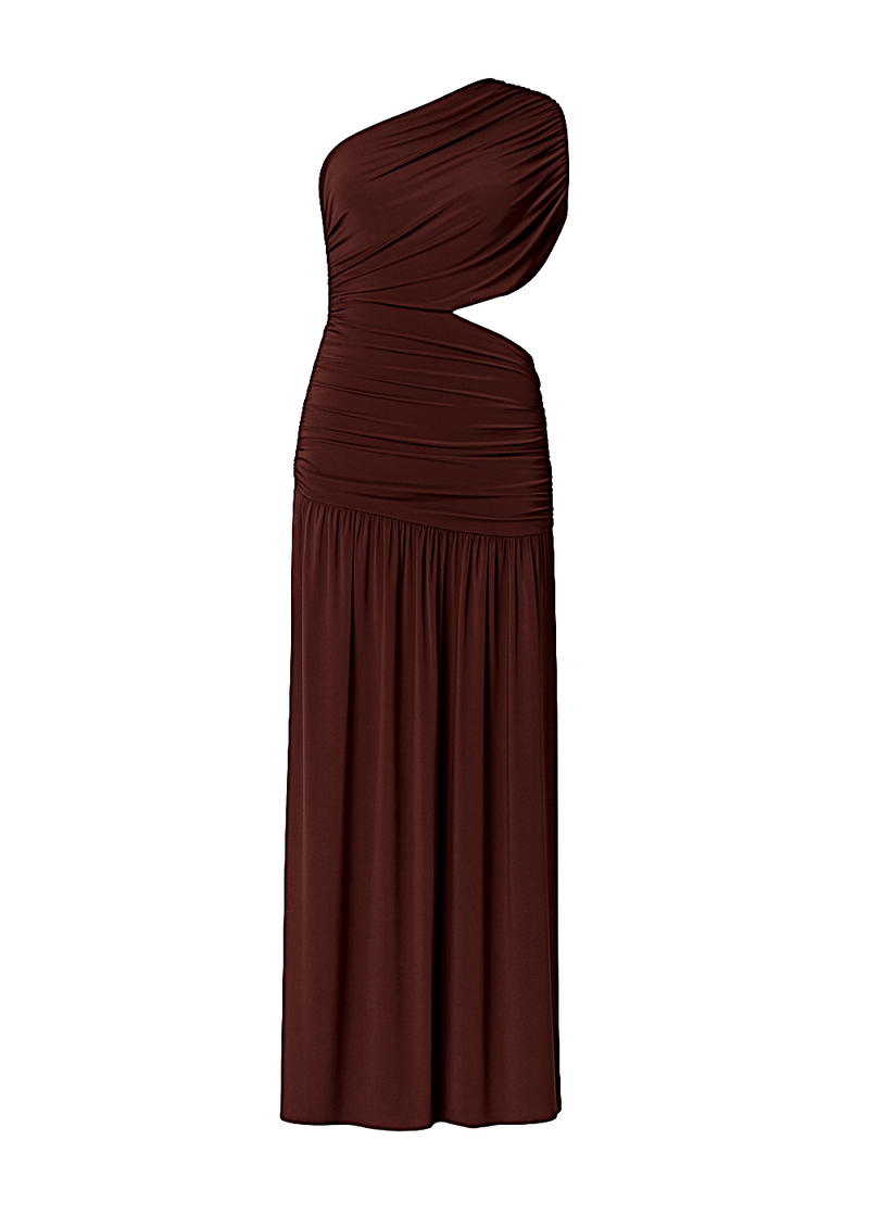 Brown One Shoulder Draping Detailed Side Cut Out Maxi Dress