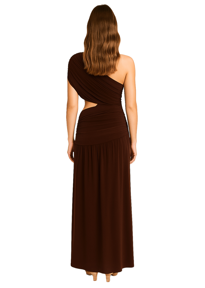 Brown One Shoulder Draping Detailed Side Cut Out Maxi Dress