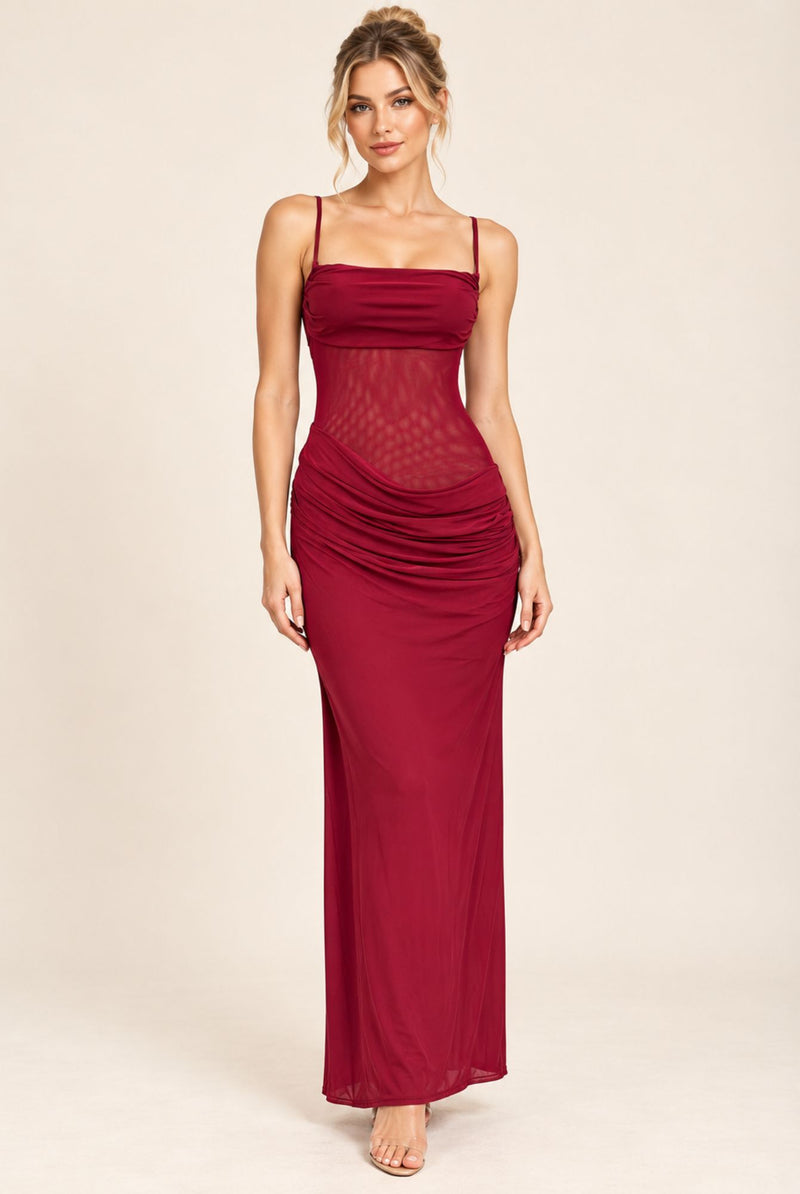 Burgundy Ruched Mesh Lace-Up Maxi Dress