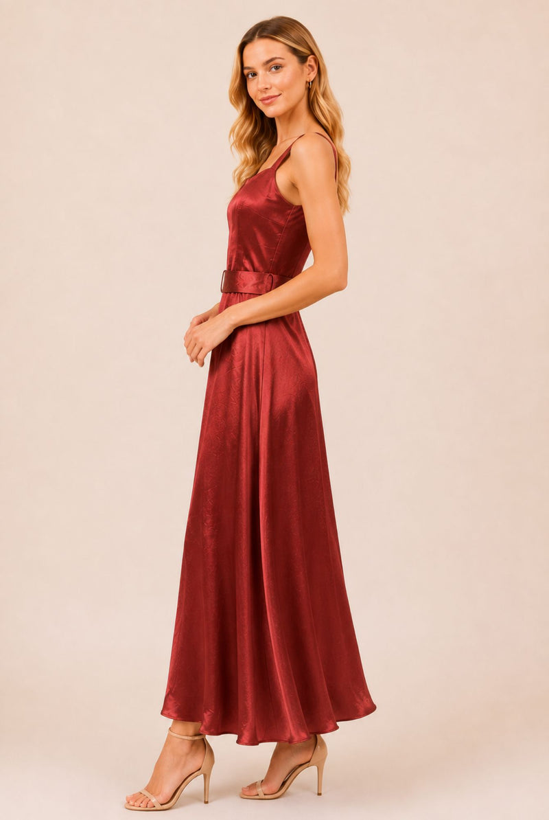 Burgundy Satin Square Neck Belted Maxi Dress