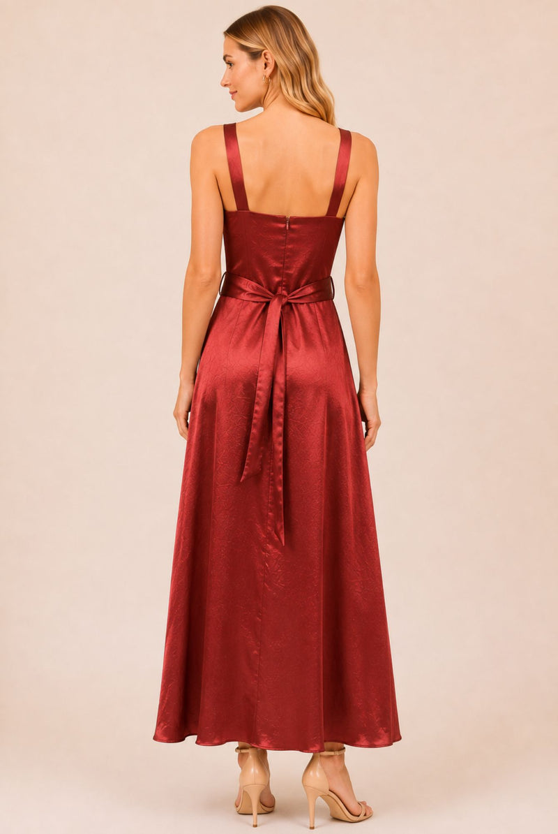 Burgundy Satin Square Neck Belted Maxi Dress