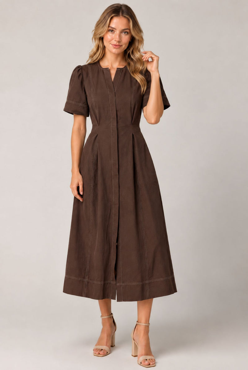Women's Chocolate Brown Contrast Stitch Short Sleeve Midi Dress