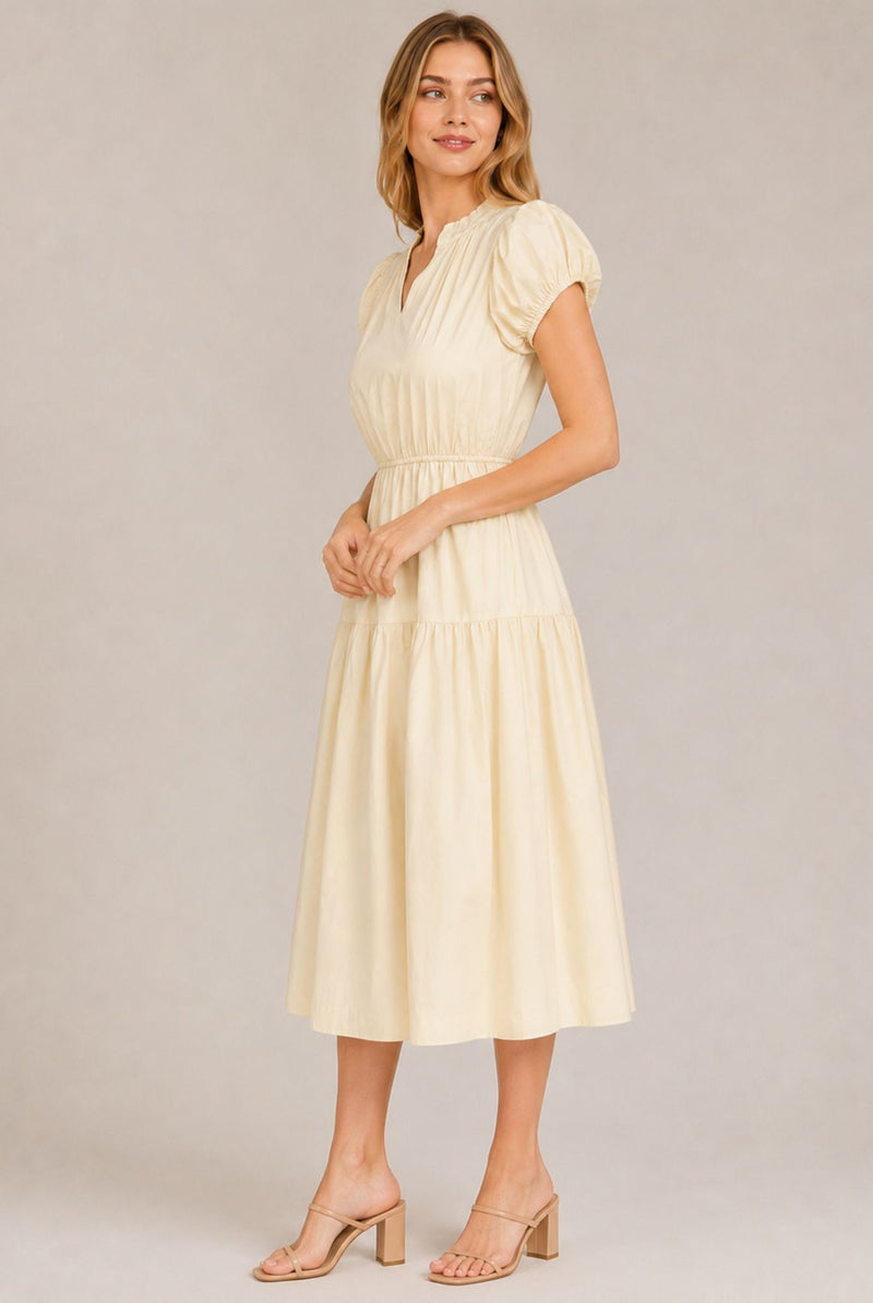 Cream Puff Sleeve Ruffle Neck Tiered Midi Dress
