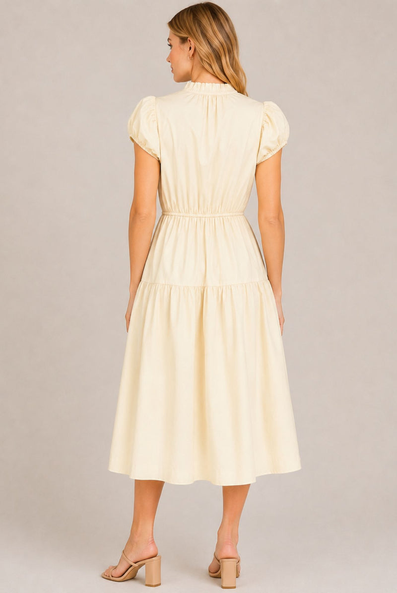 Cream Puff Sleeve Ruffle Neck Tiered Midi Dress