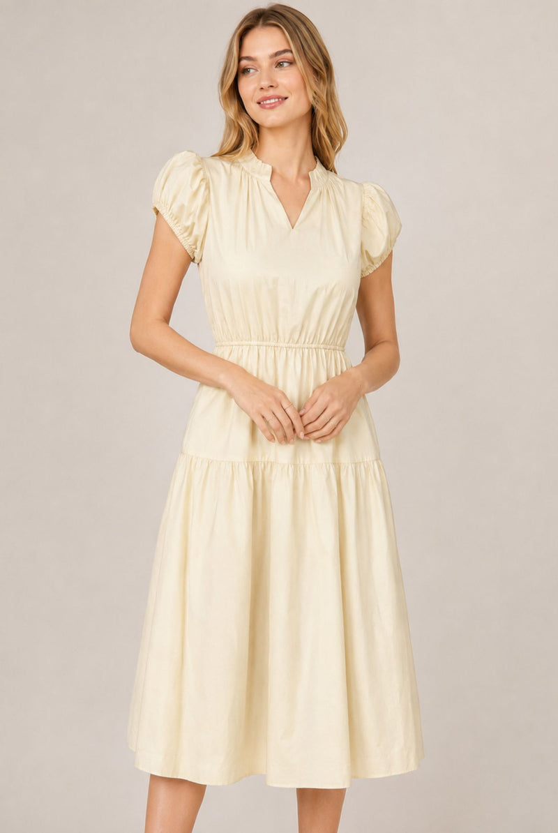 Cream Puff Sleeve Ruffle Neck Tiered Midi Dress