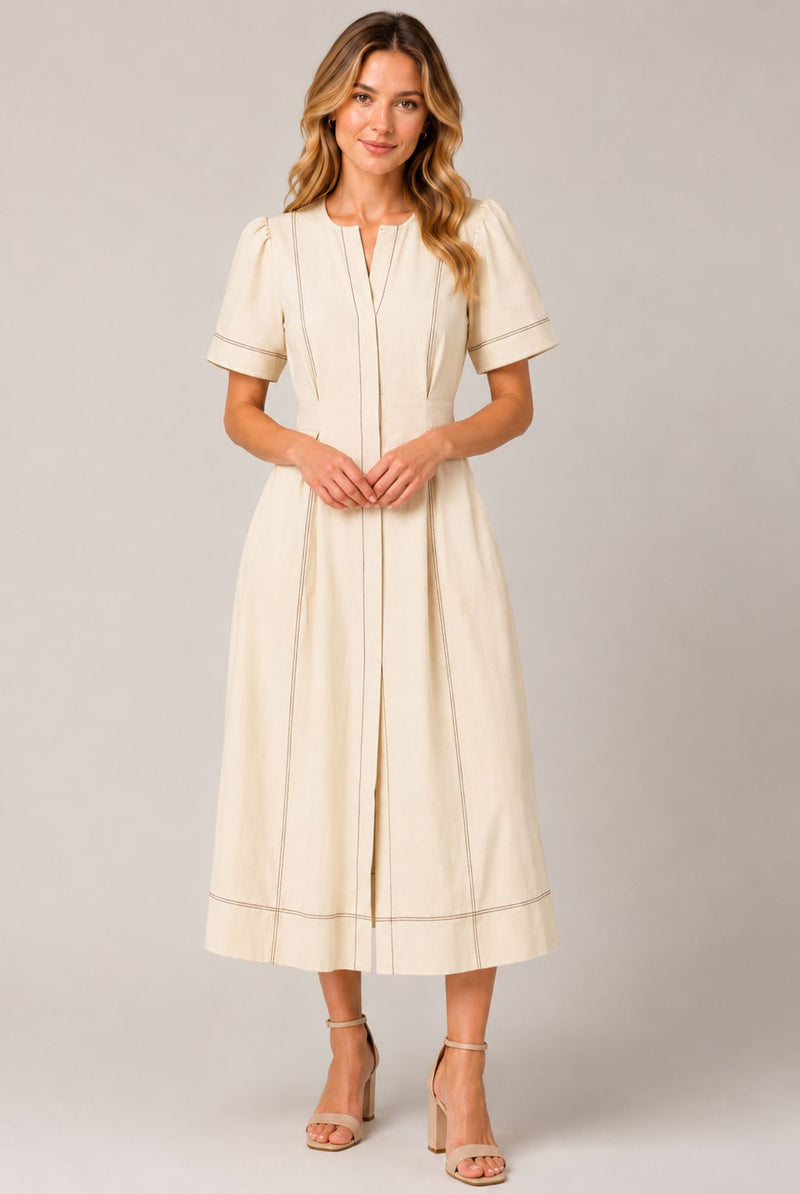 Cream Contrast Stitch Gathered Sleeve Midi Dress