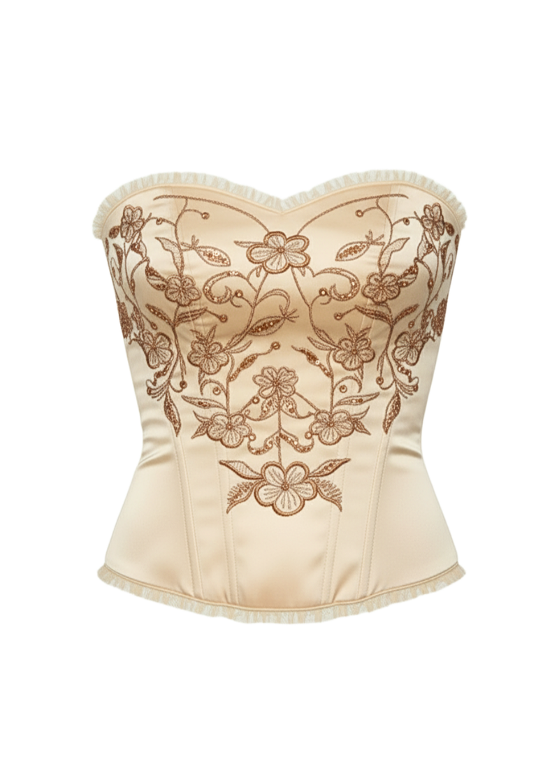 Cream Floral Embroidered Satin Bustier Corset Top