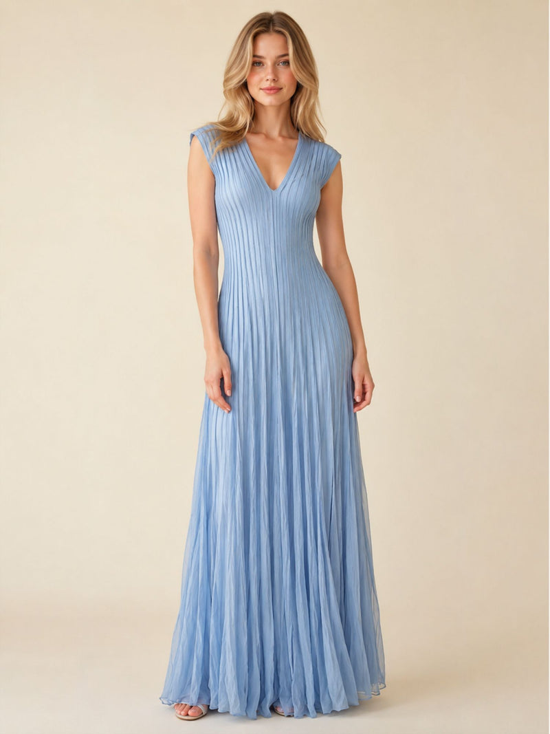 Dusty Blue Pleated V-Neck Maxi Dress – Elegant Occasion Edition
