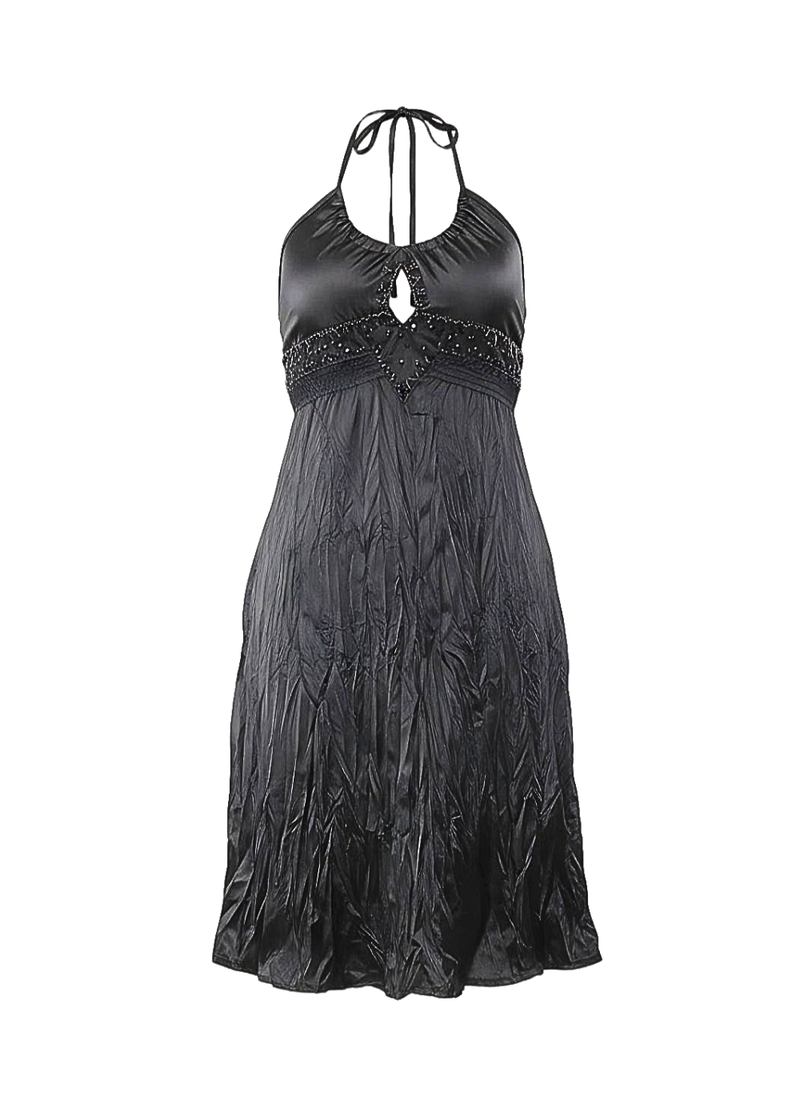Black Satin Embellished Crinkle Halter Neck Midi Dress
