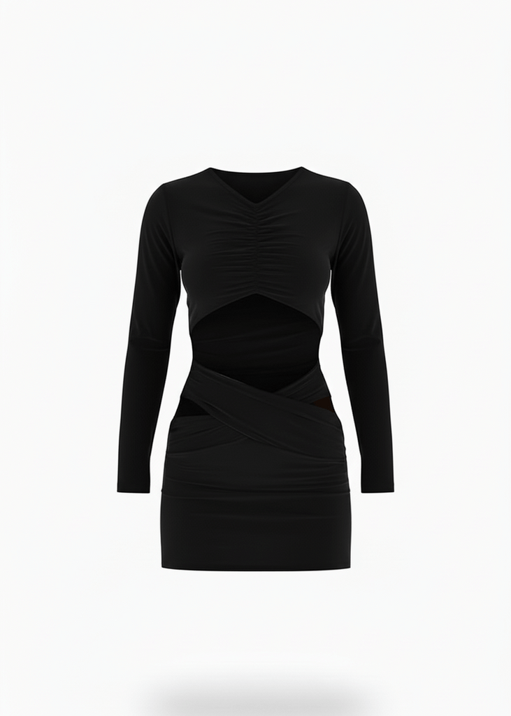 Avinci figure-hugging cut-out long sleeve mini dress front view black color