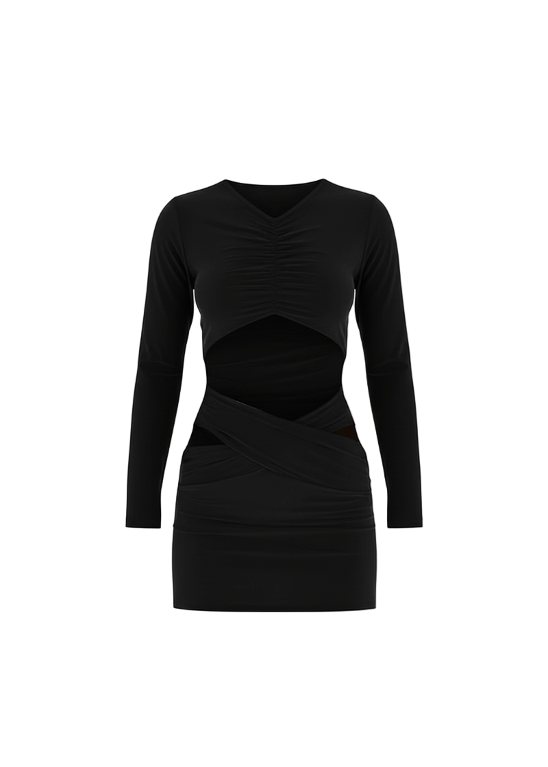Avinci figure-hugging cut-out long sleeve mini dress front view black color