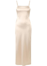 Flattering Fit Beige Silky Fabric Maxi Dress