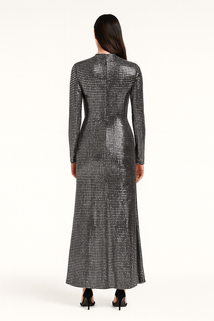 Back view of metallic sequin full-length dress with elegant silhouette fit