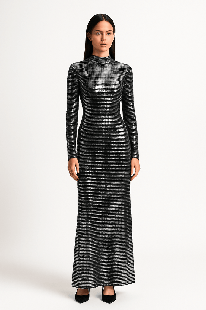 front view of shimmering metallic sequin texture on full-length silhouette maxi dress