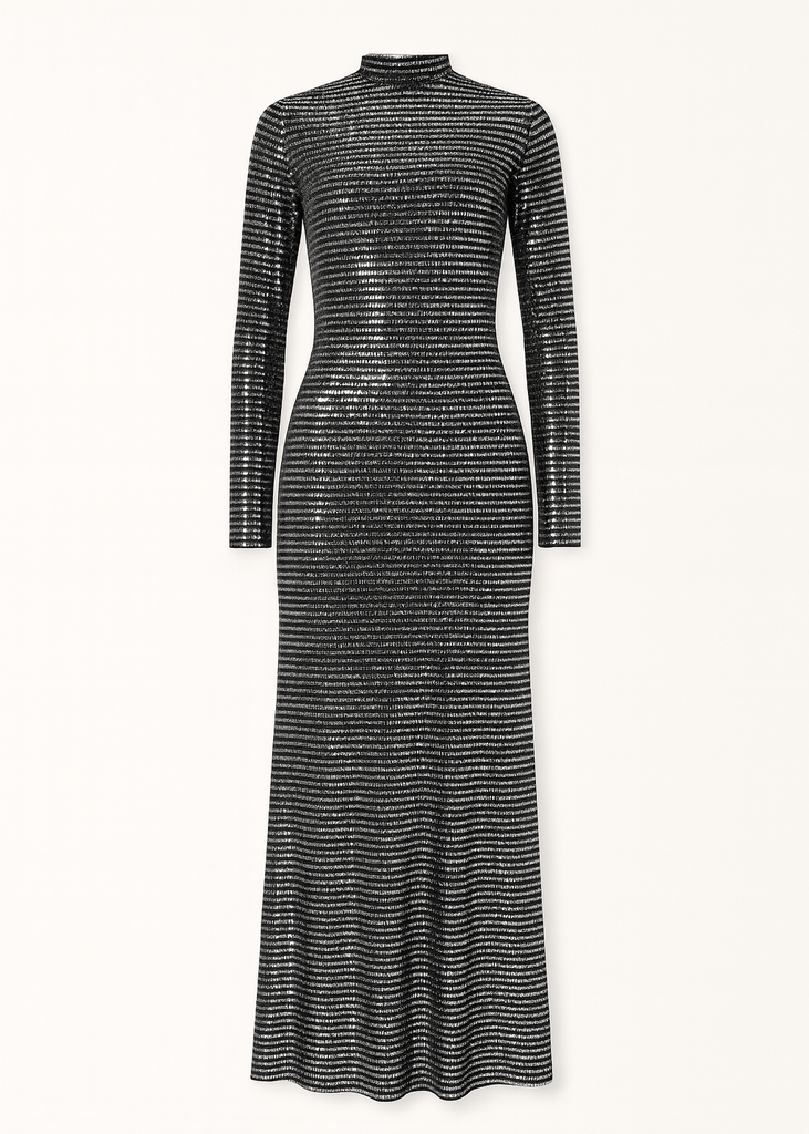 Front view of metallic sequin full-length silhouette fit maxi dress, shimmering elegance