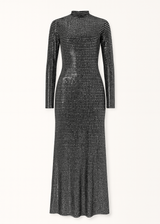 Front view of metallic sequin full-length silhouette fit maxi dress, shimmering elegance