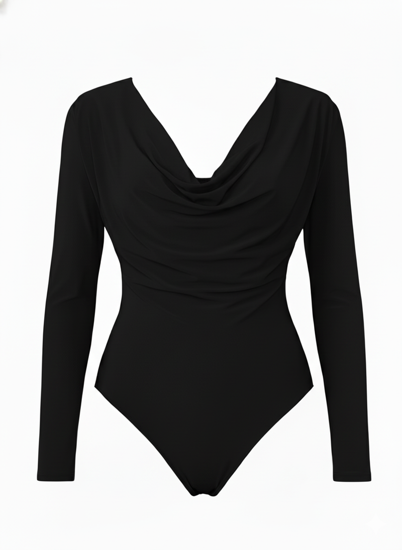Draped Cowl Neck Slim Fit Long Sleeve Bodysuit