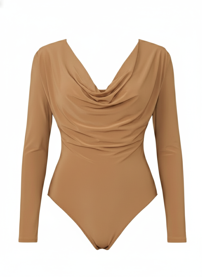 Draped Cowl Neck Slim Fit Long Sleeve Bodysuit