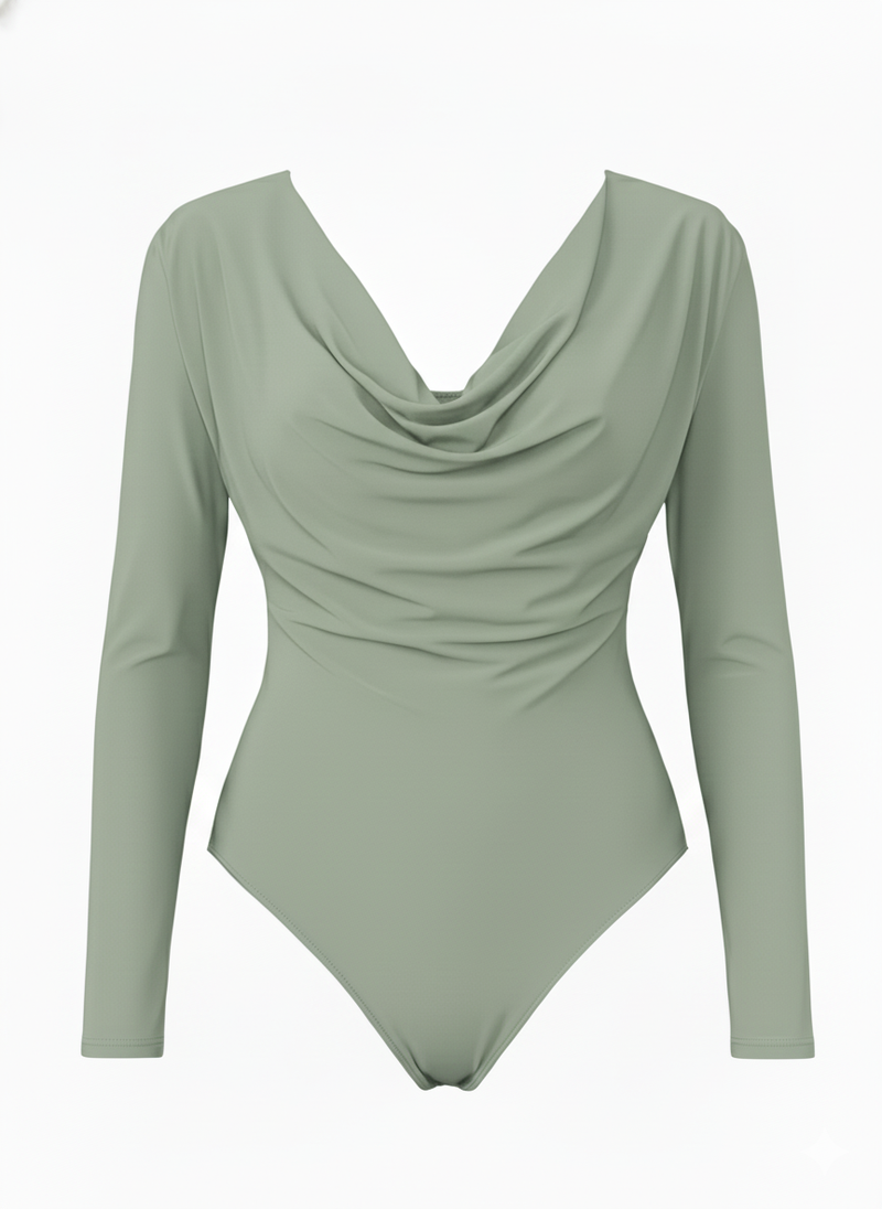 Draped Cowl Neck Slim Fit Long Sleeve Bodysuit