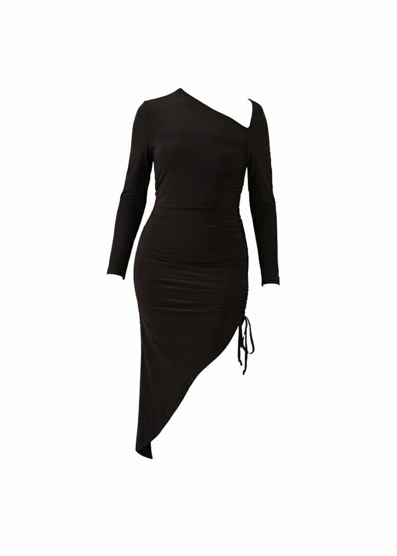 Black One-Shoulder Asymmetrical Ruched Midi Bodycon Dress