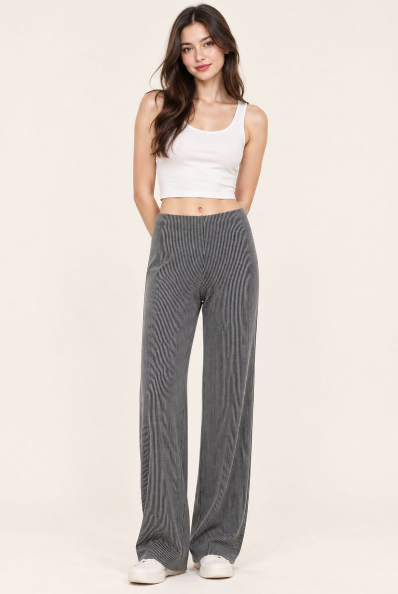 Grey Contrast Rib Knitted Wide Leg Trousers