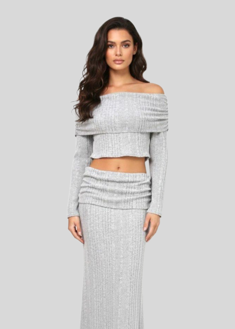 Grey Off-Shoulder Melange Brush Knitted Co-ord Set