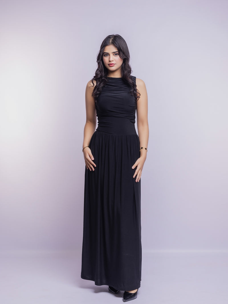 Black Draped Bodice Jersey Flowy Skirt Style Evening Dress