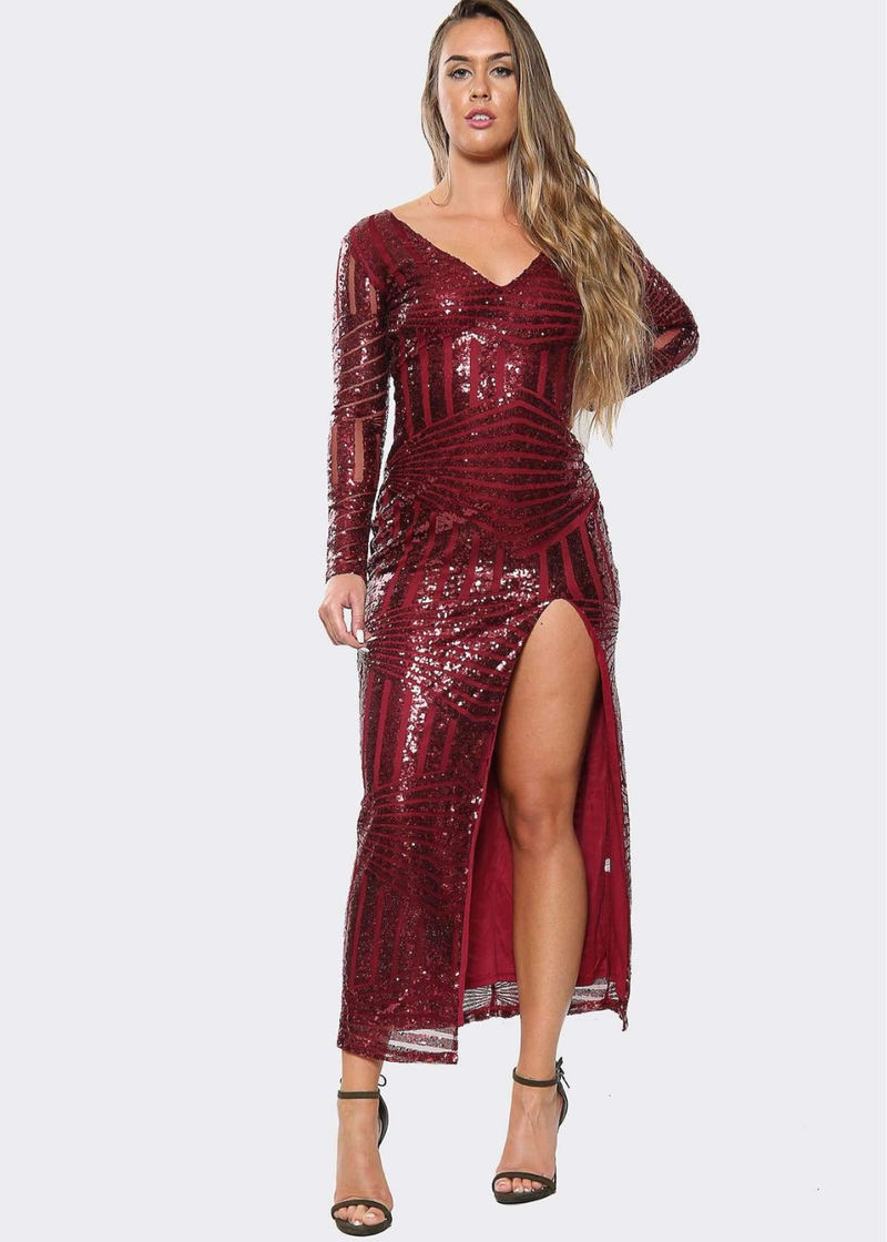 Maroon Glitter Sequin Maxi Dress With Long Sleeves And Front Split