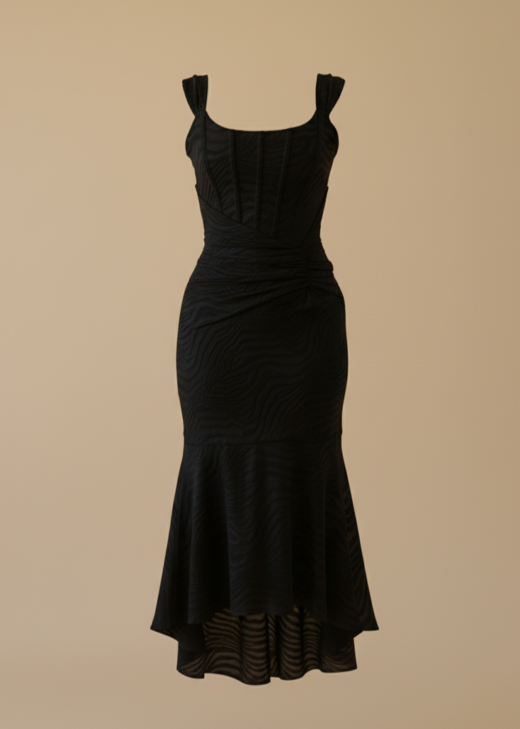 Mermaid Ruched Waist Sleeveless Flared Hi-Low Hem Dress