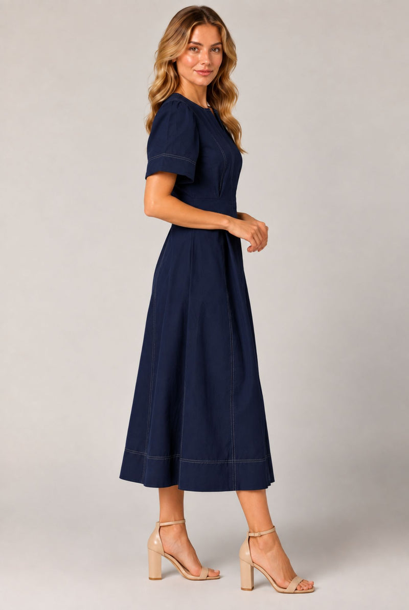 Navy Blue Contrast Stitch Gathered Sleeve Midi Dress