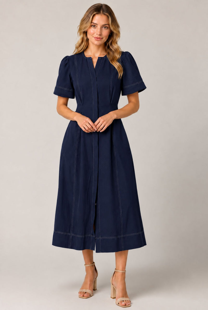 Navy Blue Contrast Stitch Gathered Sleeve Midi Dress