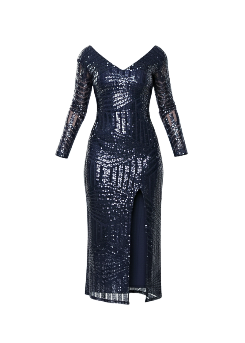 Navy Glitter Sequin Maxi Dress With Long Sleeves And Front Split